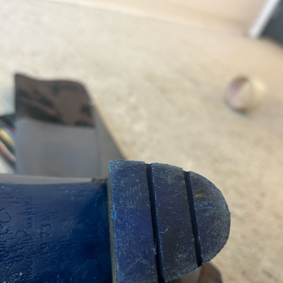 Felmini NWOT box size 38 (7.5) Gray Chunky Block Heel purple reptile accents - Picture 9 of 14